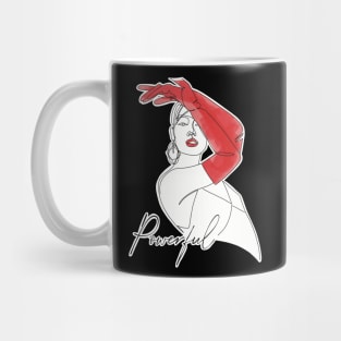 Fashion illustration of a woman with red gloves and the word powerful Mug